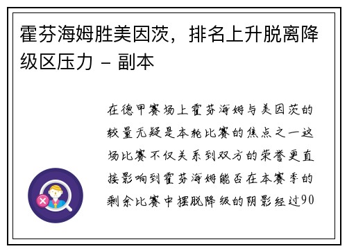 霍芬海姆胜美因茨，排名上升脱离降级区压力 - 副本