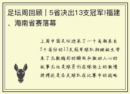 足坛周回顾｜5省决出13支冠军!福建、海南省赛落幕