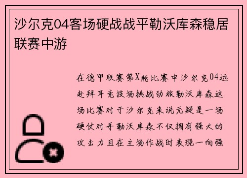 沙尔克04客场硬战战平勒沃库森稳居联赛中游