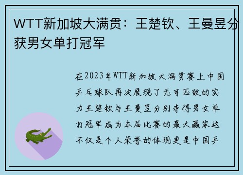 WTT新加坡大满贯：王楚钦、王曼昱分获男女单打冠军