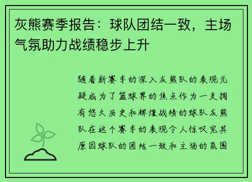 灰熊赛季报告：球队团结一致，主场气氛助力战绩稳步上升